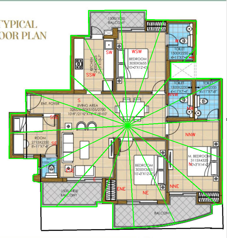 Sixteen-zone Vastu grid overlaid on a residential floor plan
